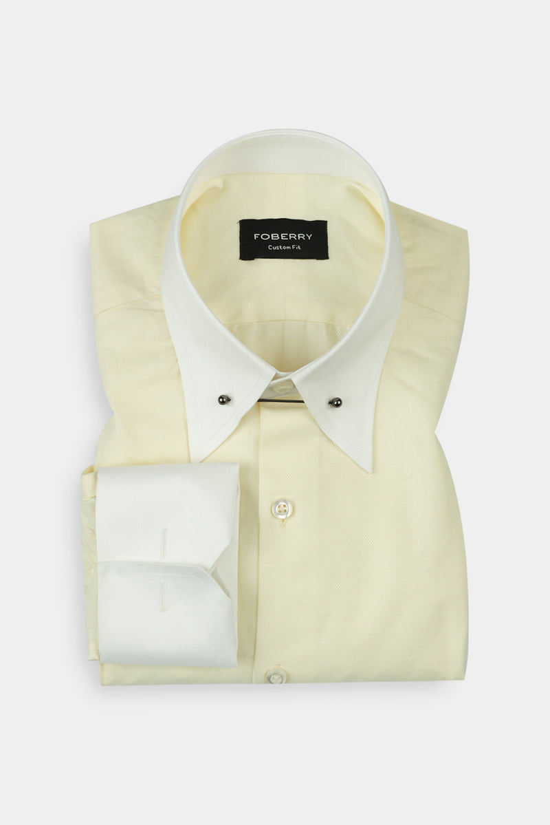 Pastel Yellow Herringbone Pin Collar Shirt