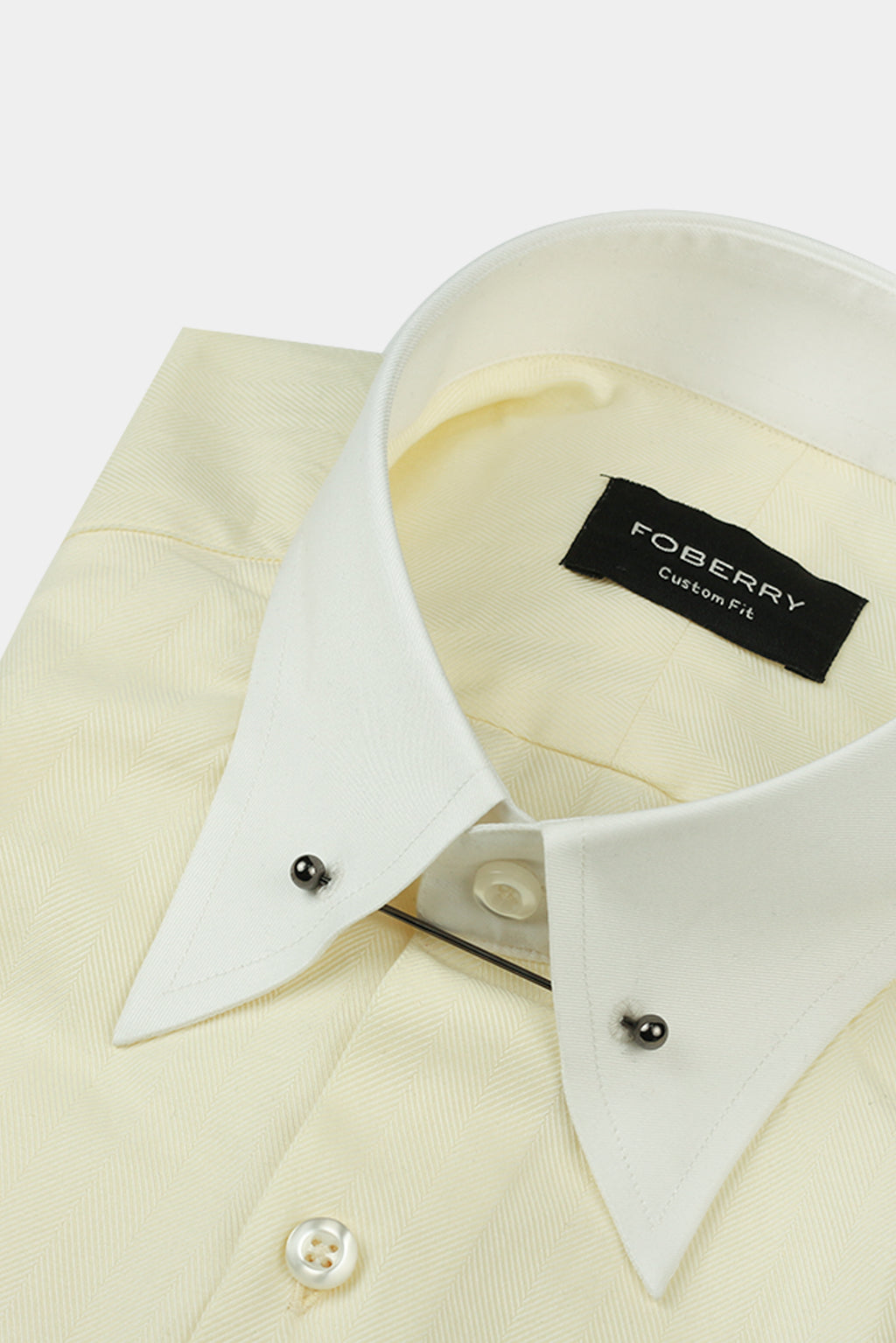 Pastel Yellow Herringbone Pin Collar Shirt