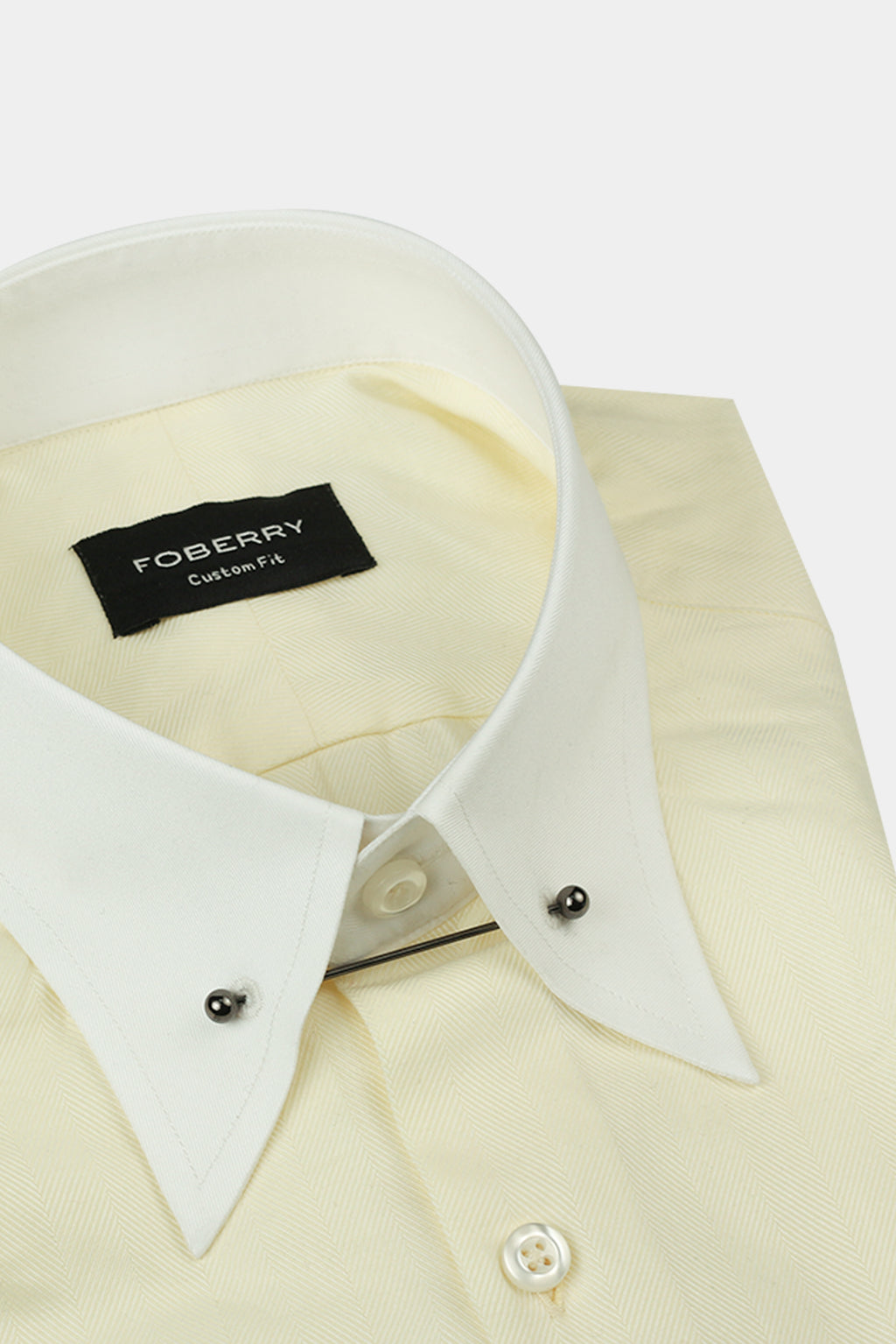 Pastel Yellow Herringbone Pin Collar Shirt