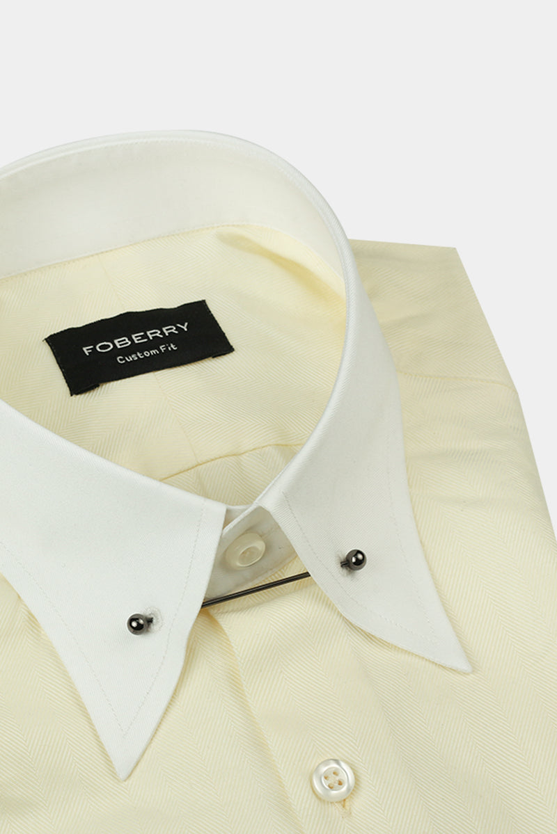 Pastel Yellow Herringbone Pin Collar Shirt