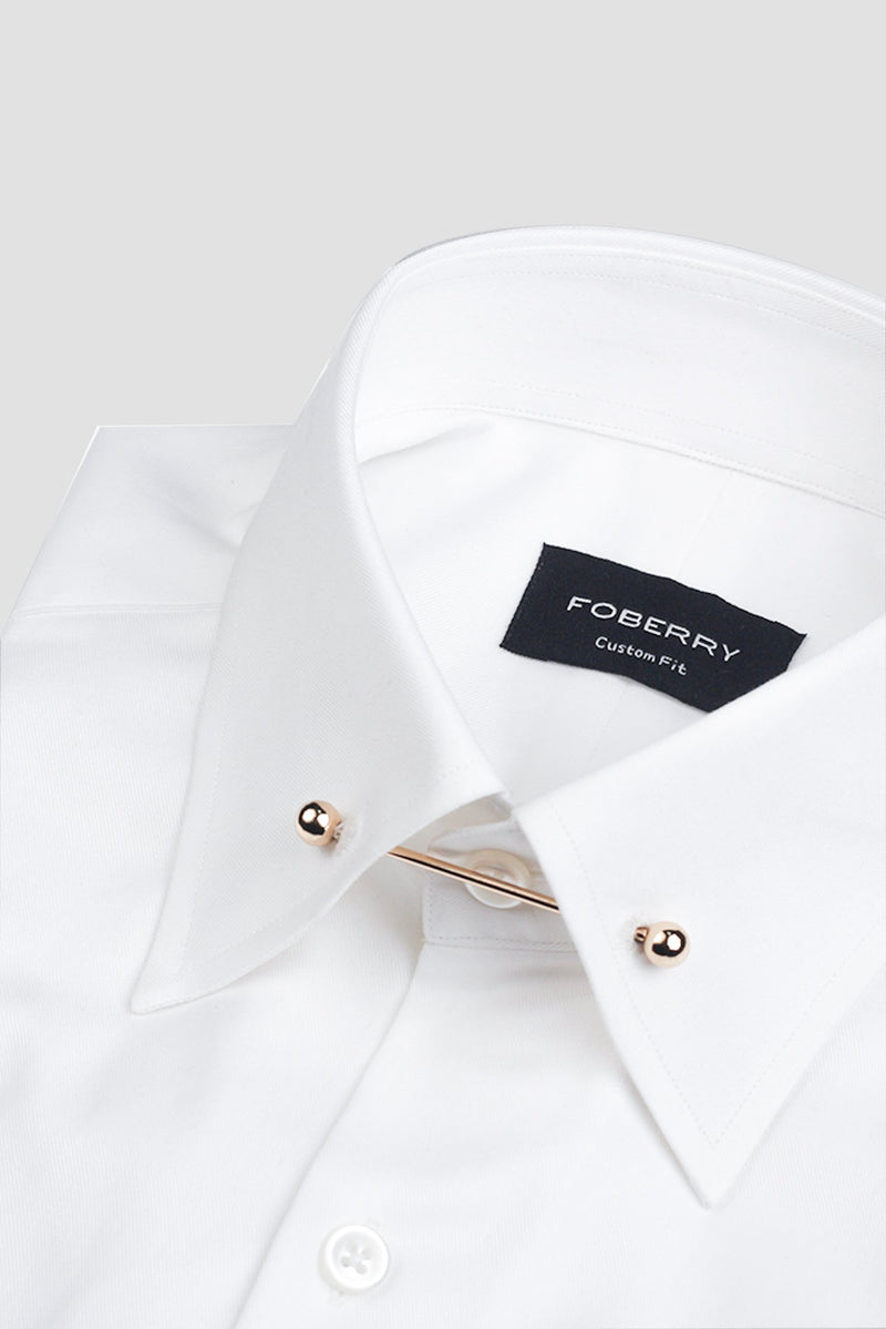 White Twill Pin Collar Shirt - Gold Pin