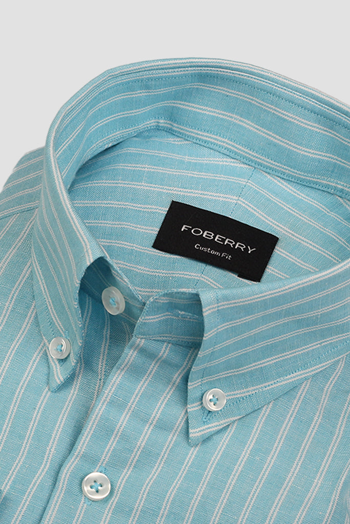 Aqua Blue Hairline Striped Linen Shirt