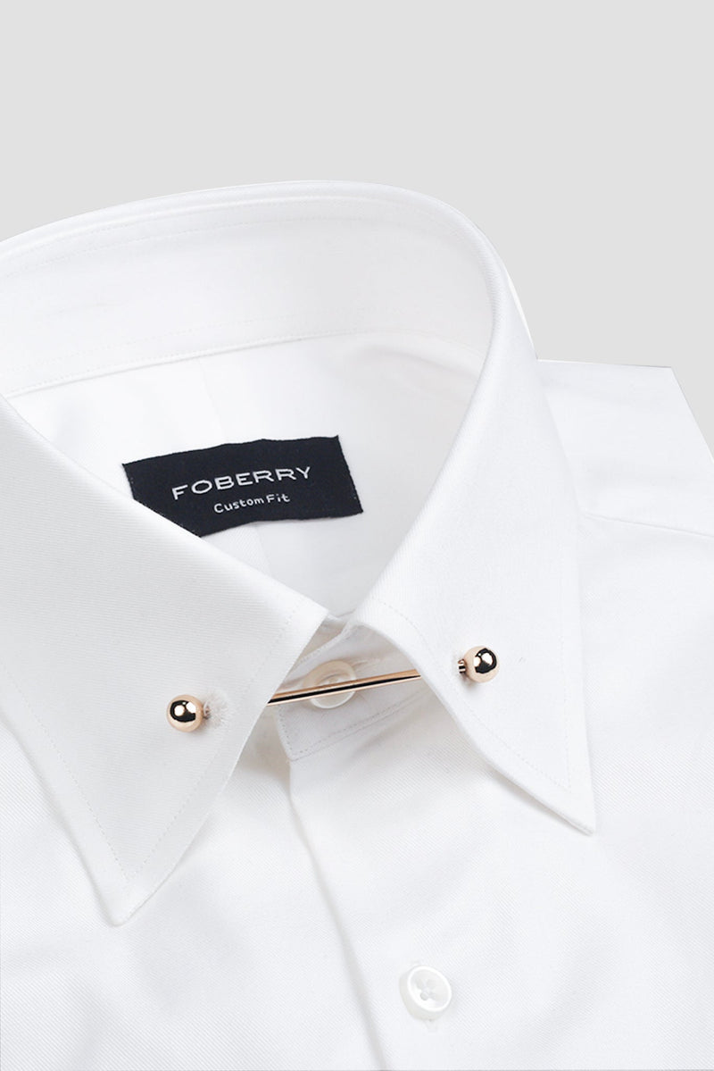 White Twill Pin Collar Shirt - Gold Pin