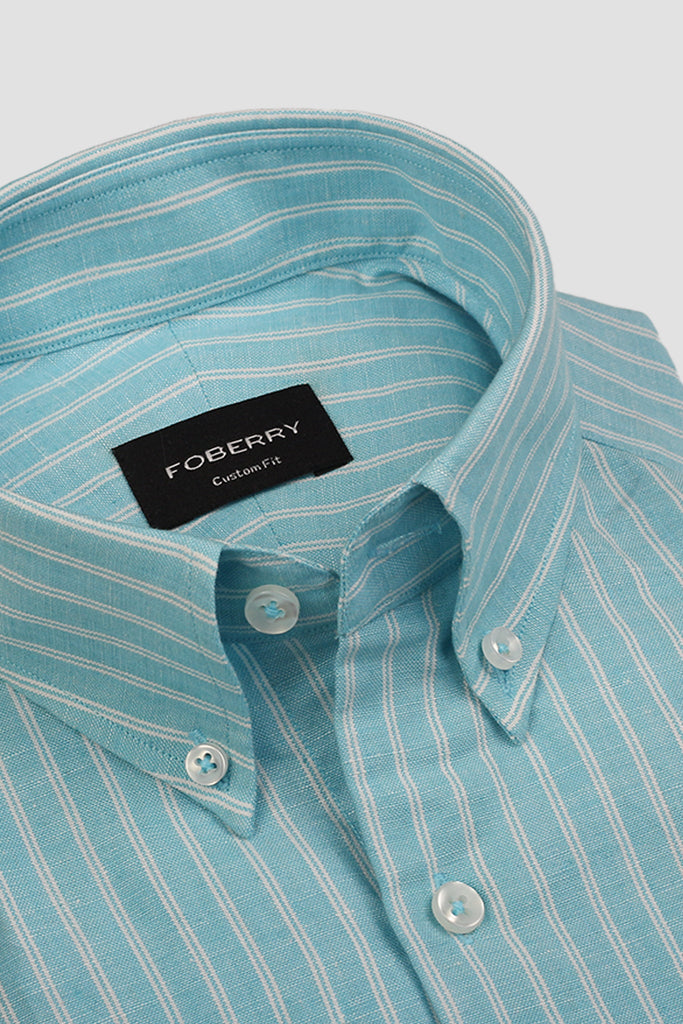 Aqua Blue Hairline Striped Linen Shirt