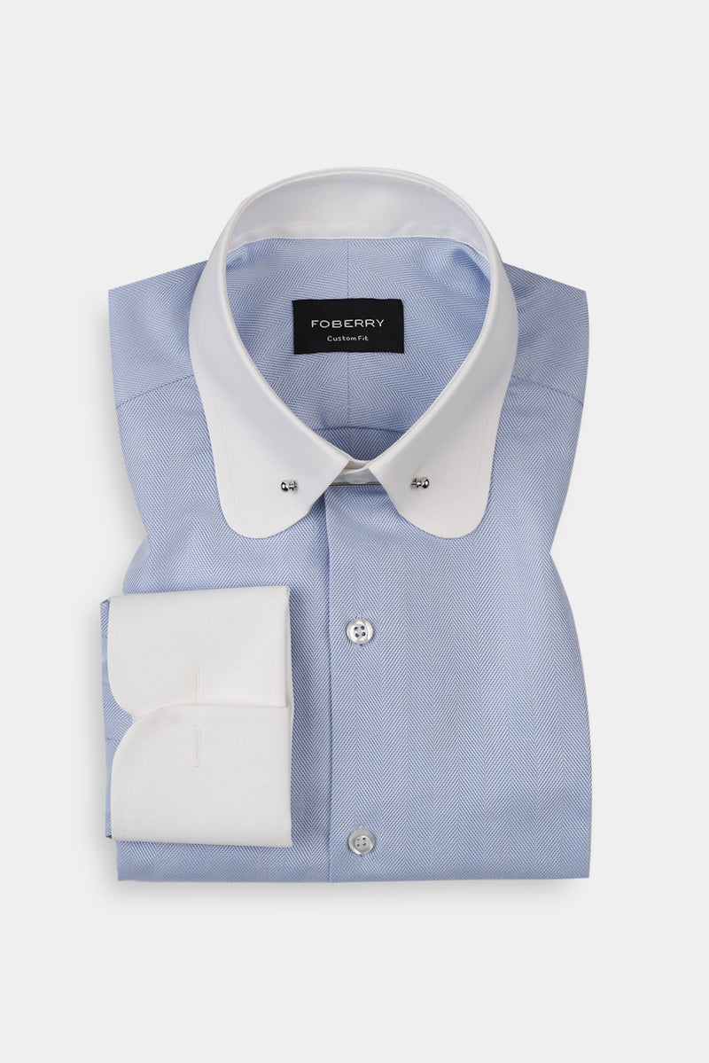 Sky Blue Herringbone Pin Collar Shirt