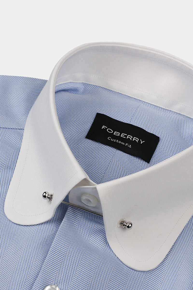Sky Blue Herringbone Pin Collar Shirt
