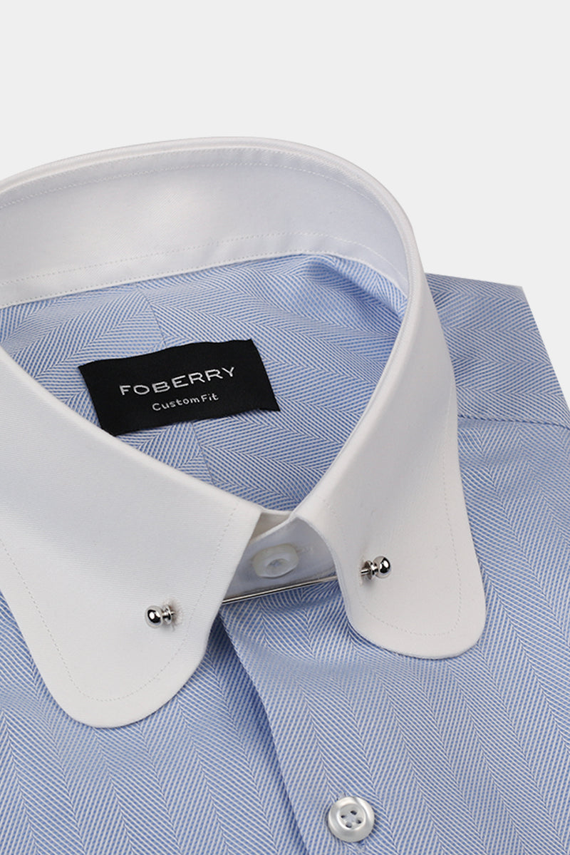 Sky Blue Herringbone Pin Collar Shirt