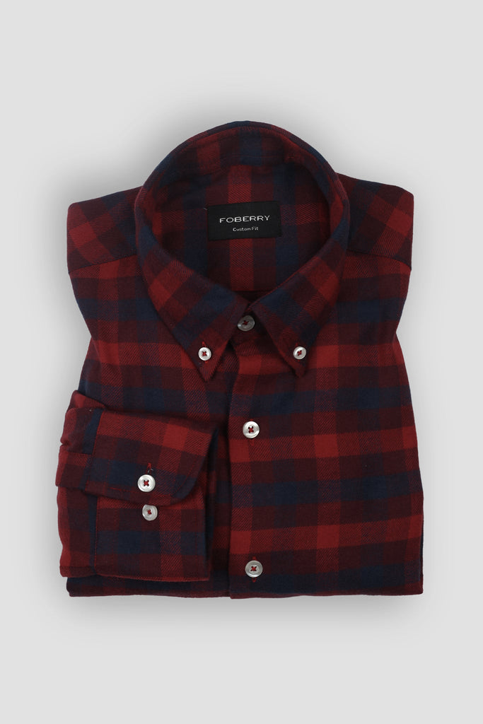 Maroon blue Buffalo Check Winter Flannel Shirt