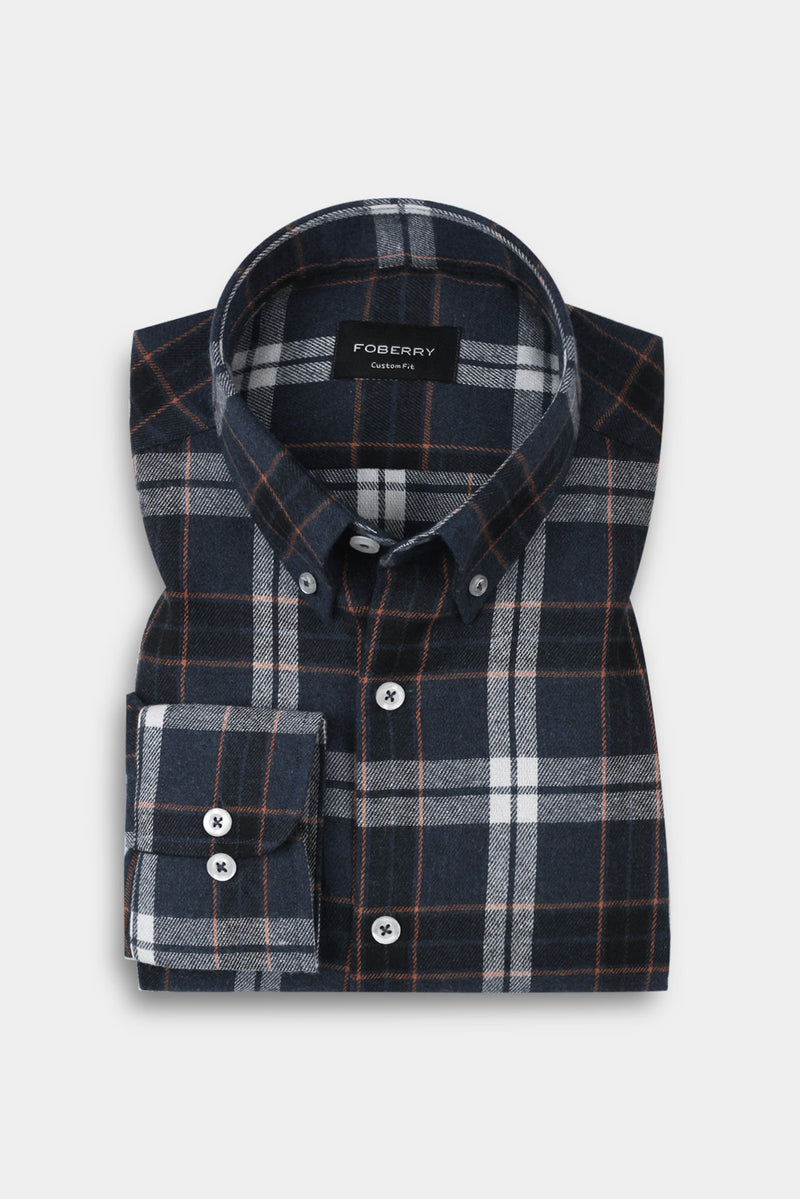 Orange Midnight Blue Tartan Winter Flannel Shirt