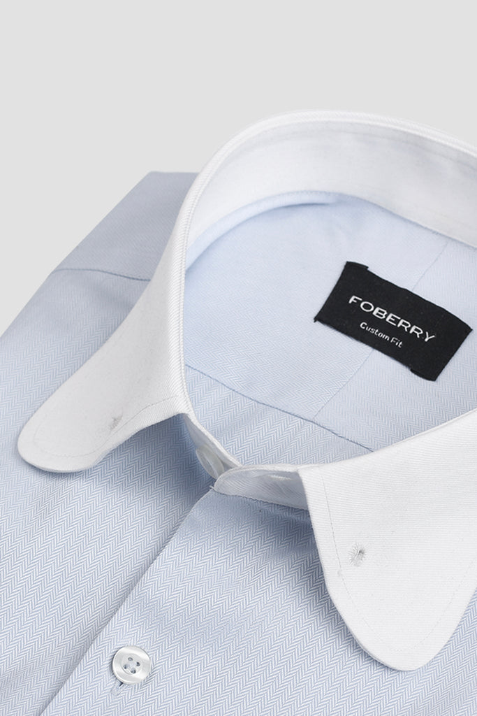 Sky Blue Egyptian Herringbone Pin Collar Shirt