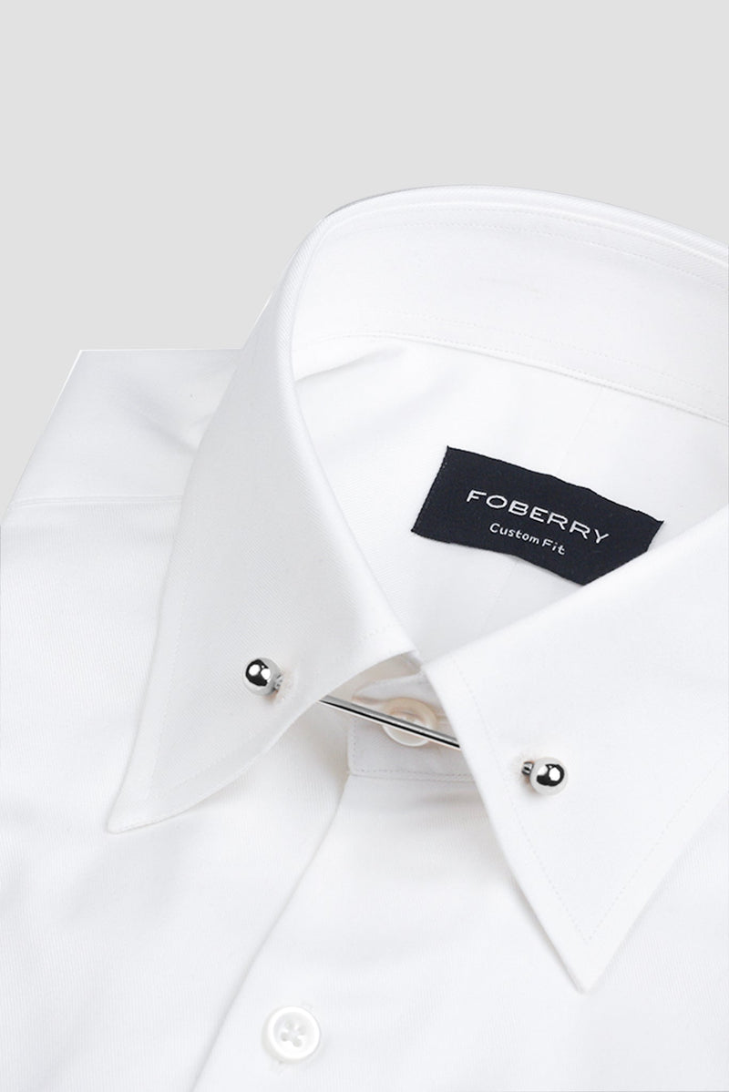 White Twill Pin Collar Shirt - Silver Pin