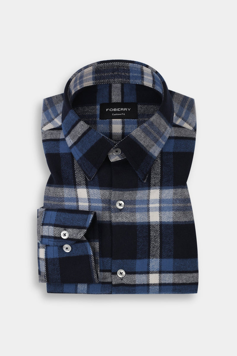 Soft Azure Blue Tartan Winter Flannel Shirt