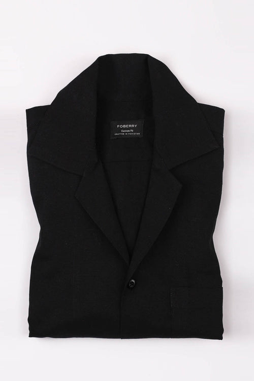 Black Linen Camp Collar Shirt - Foberry USA