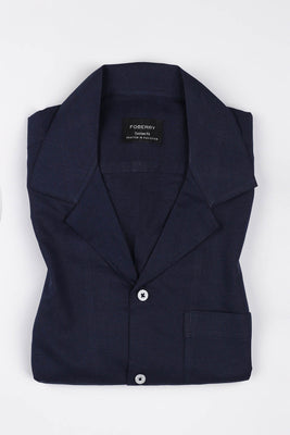 Navy Blue Linen Camp Collar Shirt - Foberry USA