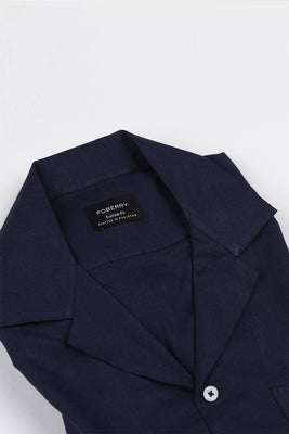 Navy Blue Linen Camp Collar Shirt - Foberry USA
