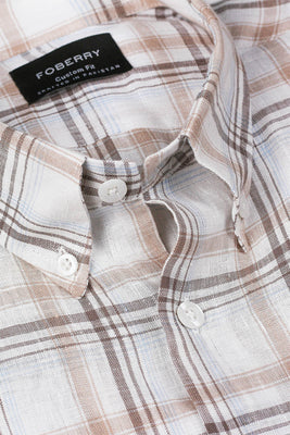 Tan Checkered  Linen Shirt - Foberry USA