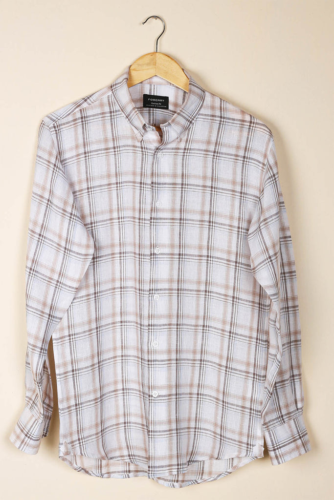 Tan Checkered  Linen Shirt - Foberry USA