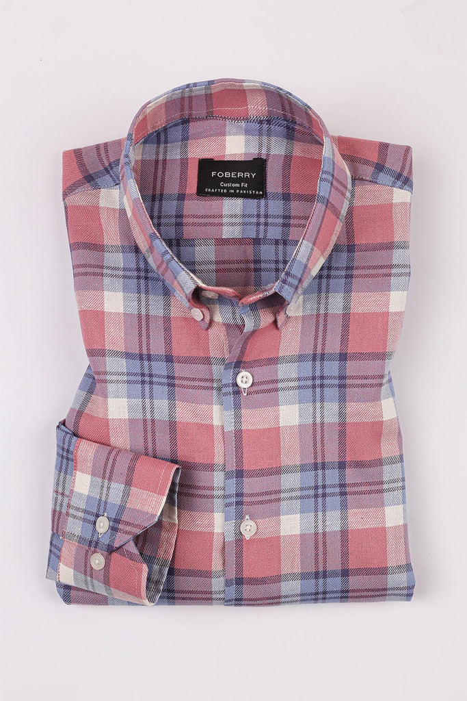 Salmon Blue Tartan Linen Shirt - Foberry USA