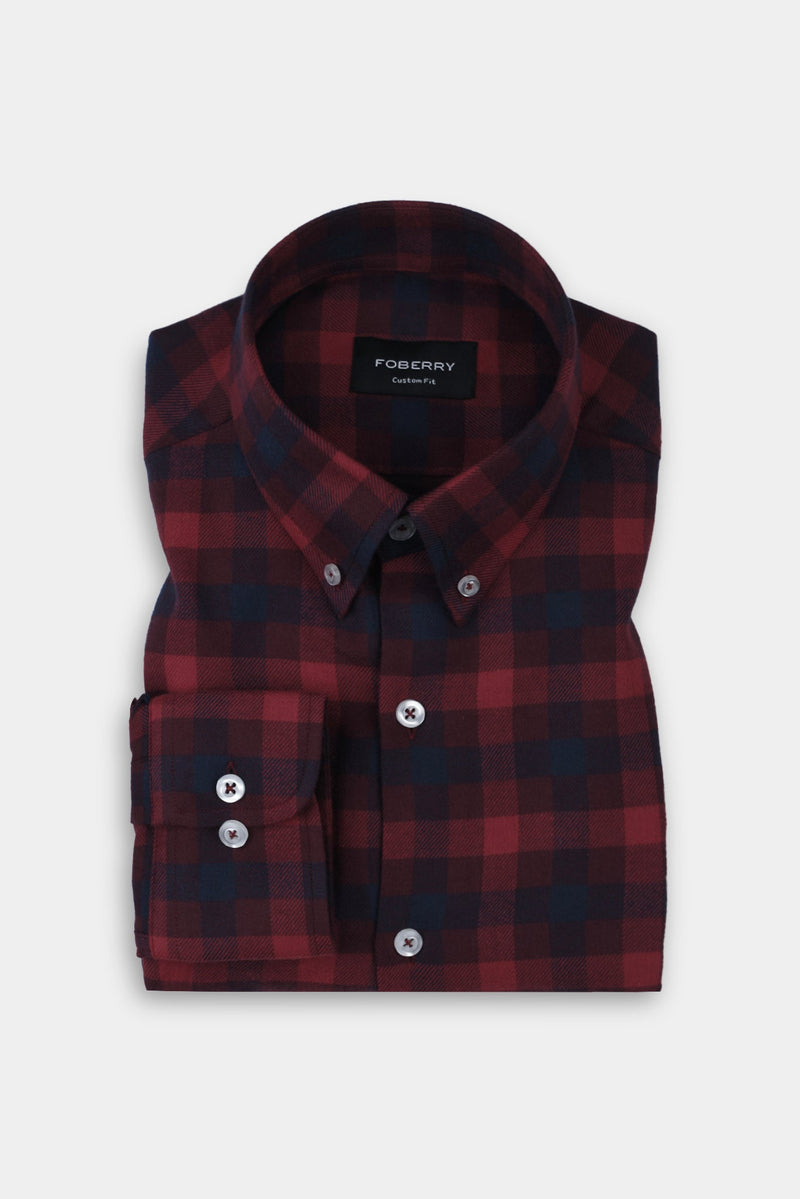 Soft Maroon & Blue Buffalo Check Winter Flannel Shirt