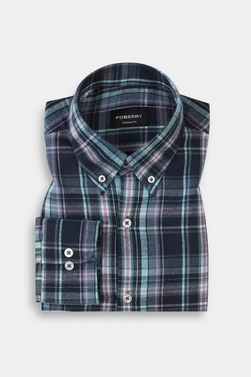 Soft Teal Blue Tartan Winter Flannel Shirt