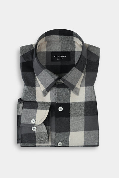 Soft Black & White Windowpane Winter Flannel Shirt