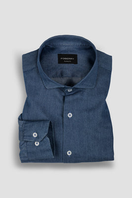 Denim Medium Wash Shirt - Cut Away Classic Collar - Foberry USA