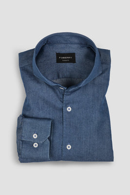 Denim Medium Wash Shirt - Cut Away Extreme Collar - Foberry USA