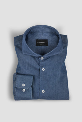 Denim Medium Wash Shirt - Cut Away Extreme Collar - Foberry USA